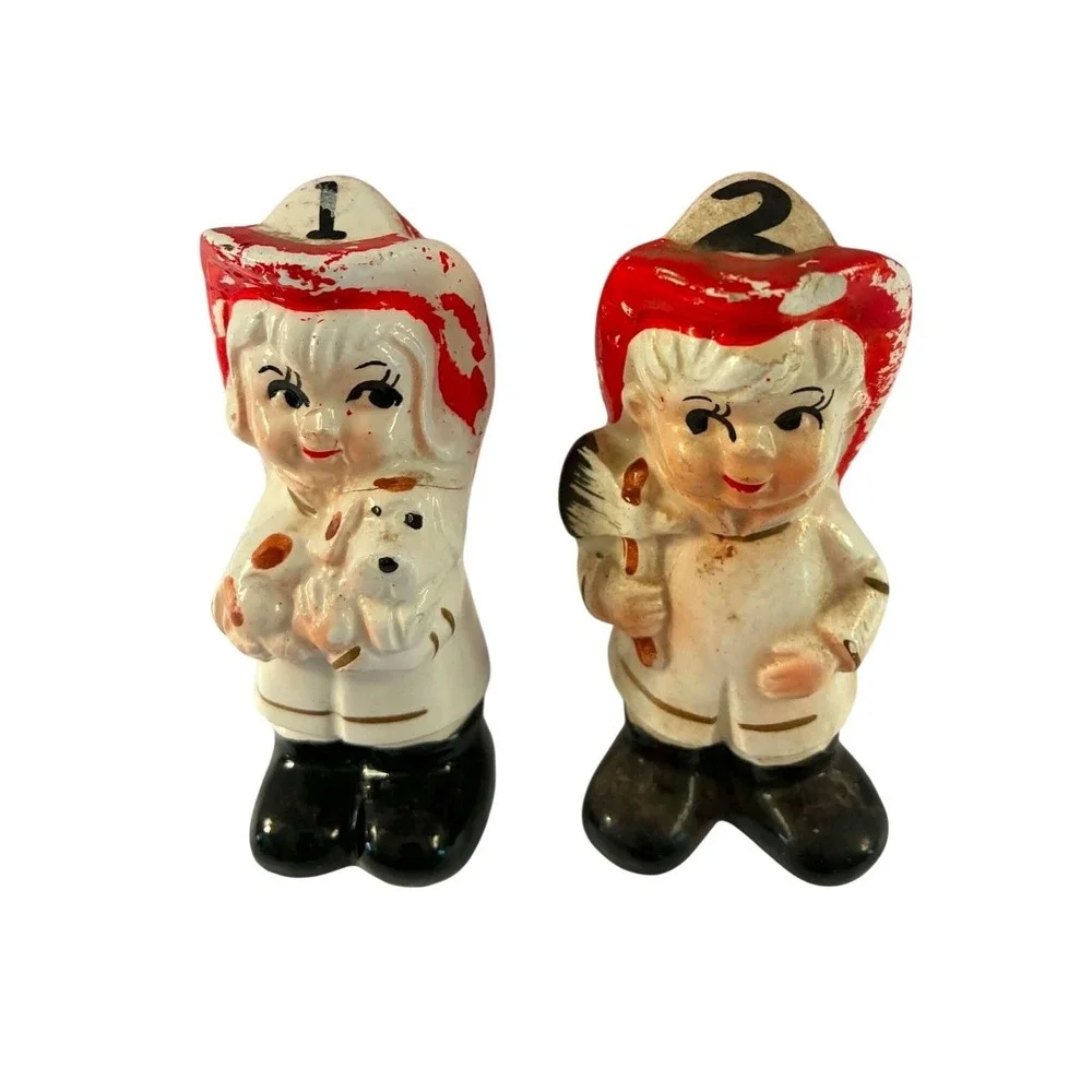 Vintage Japan Salt & Pepper Shakers Set Red Firefighter Boy & Girl Figurines